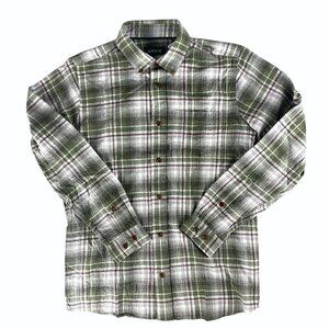 Orvis Mens Small Crushed Herringbone Green Plaid Crinkle Cotton Shirt Active Fit